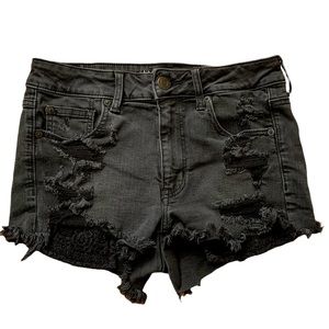 American Eagle Super Stretch Hi Rise Shortie Black Distressed Denim Women's SZ 6